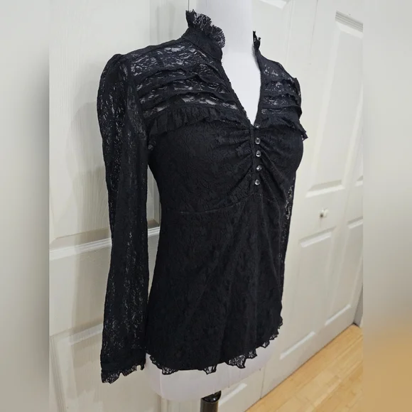 Apt 9 Black Lace v neck Ruffle Detail Long Sleeve Top Blouse S - Picture 3 of 8